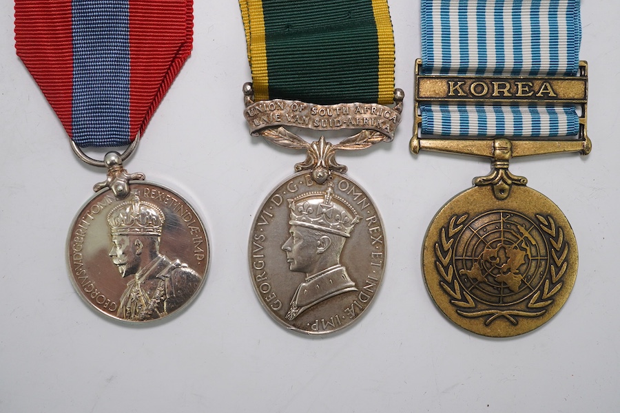 Three assorted medals; GVI (B) Union of South Africa Efficiency medal to S/Sgt.L.Gray S.A.C.S.; GV Imperial Service medal to George Moffatt; United Nations Korea medal. Condition - fair to good.